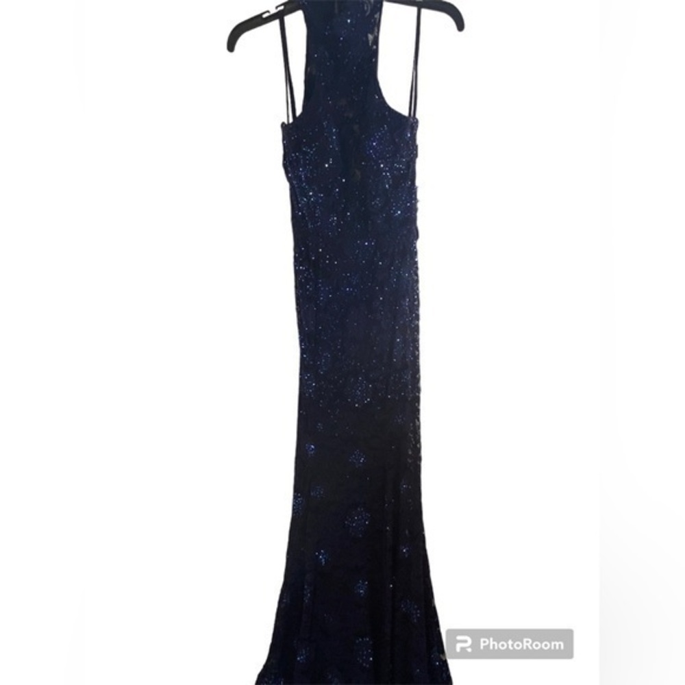 LA FEMME High Neck Lace Mermaid Gown